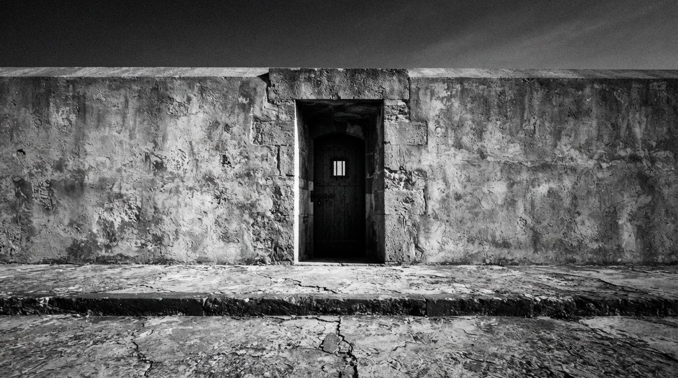 A stone gate set into a long wall, photographed in black and white.